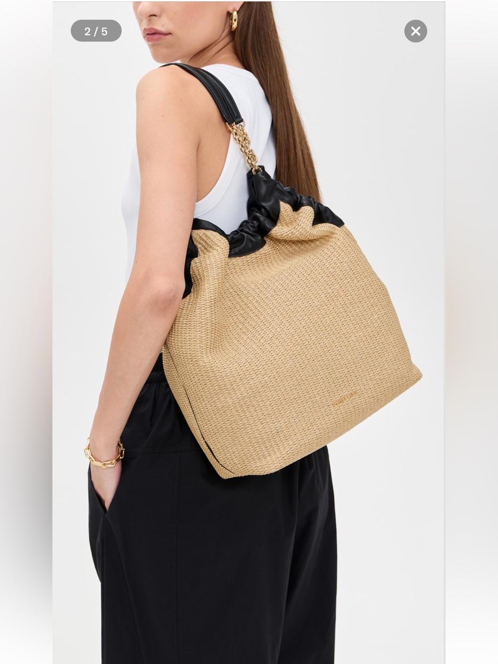 DeMellier Beige Straw Tote with Black Leather Trim and Gold Chain Handles - Picture 3 of 7